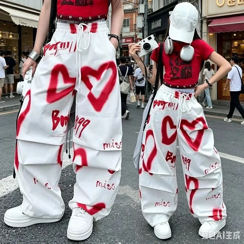 

2026 Summer Girls Love Graffiti Casual Pants Teenager Girl Casual Hip Hop Cargo Pants Kids Dance Pants Children Clothes 5-14Yrs