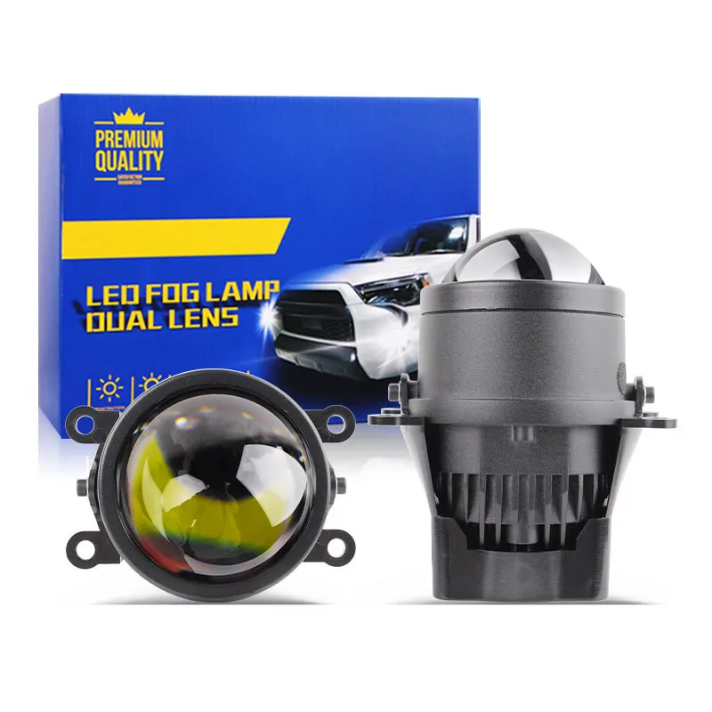 Car Front Bi LED Projector Fog Light with Halo Ring, Laser Dual Beam Super Bright White Yellow LED Fog Lamp Retrofit High Low
