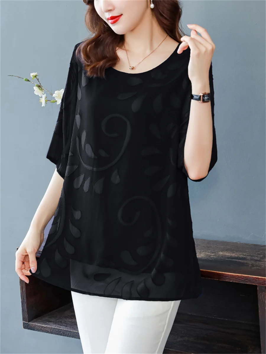 5XL Loose Women Spring Summer Shirts Lady Fashion Casual Half Sleeve O-Neck Collar Printing Floral Blusas Tops CT0662