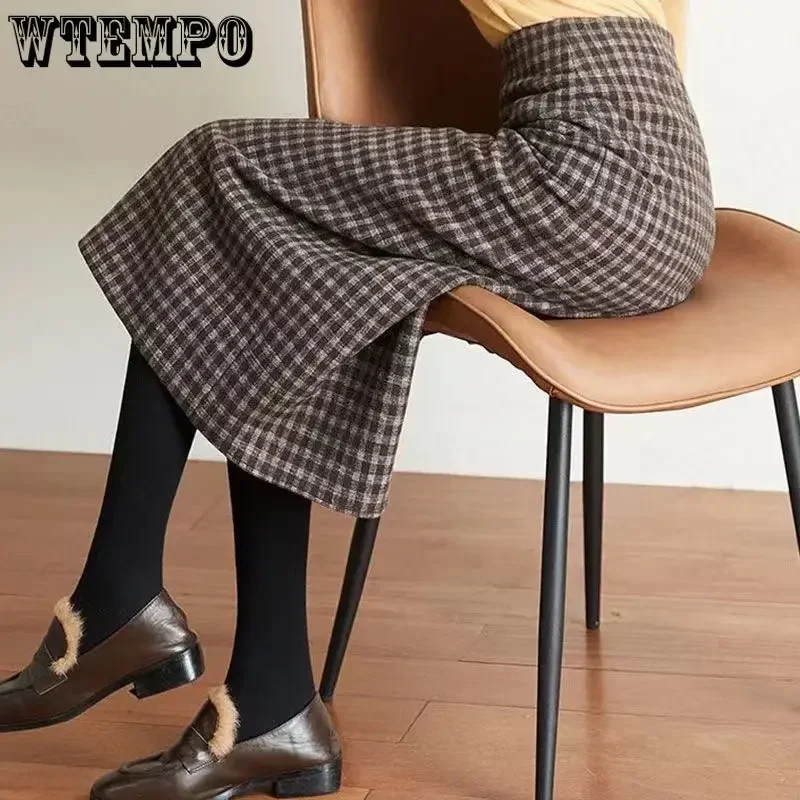 WTEMPO Classic Plaid Midi Skirts Women Autumn Vintage Elegant Office Ladies Behind Slit Designed All-match Harajuku Fashion