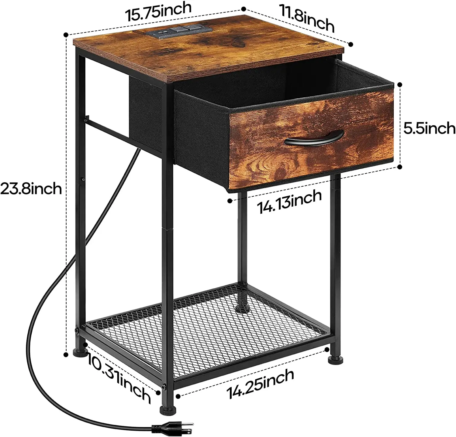 Nightstand End Table with Charging Station USB Ports Drawer Storage Shelf Brown