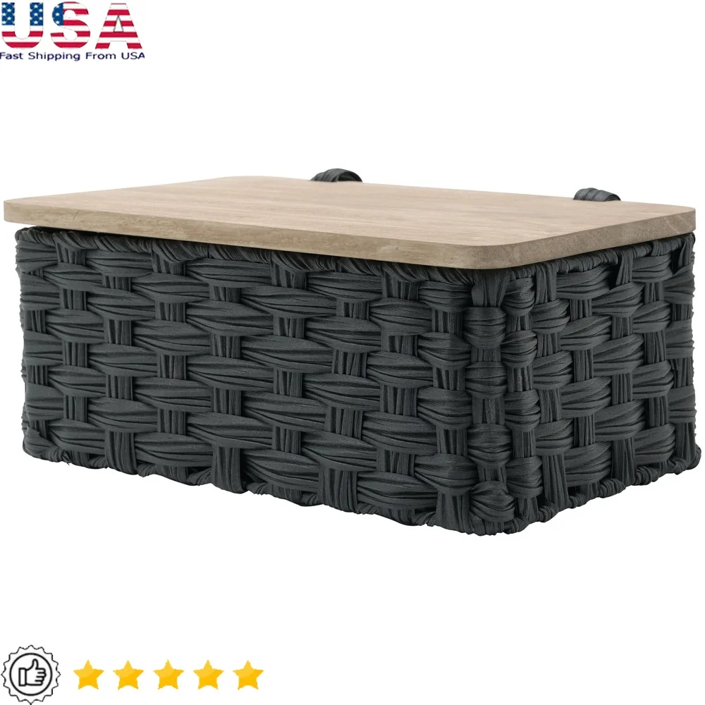 

Черная плетеная корзина для хранения из смолы с крышкой из натурального дерева. Компактный органайзер с легким доступом. Домашний офис для стирки.