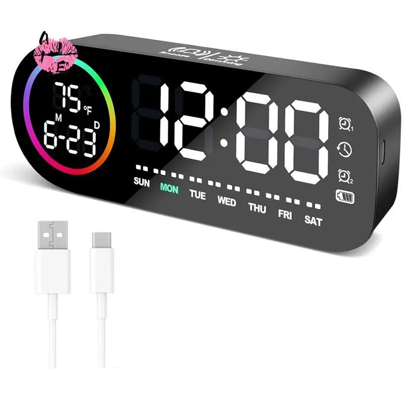 A11E-Digital Alarm Clock With 7 Color Night Light, 4 Brightness Levels, Large LED Temperature Display, Voice Control, 12/24H