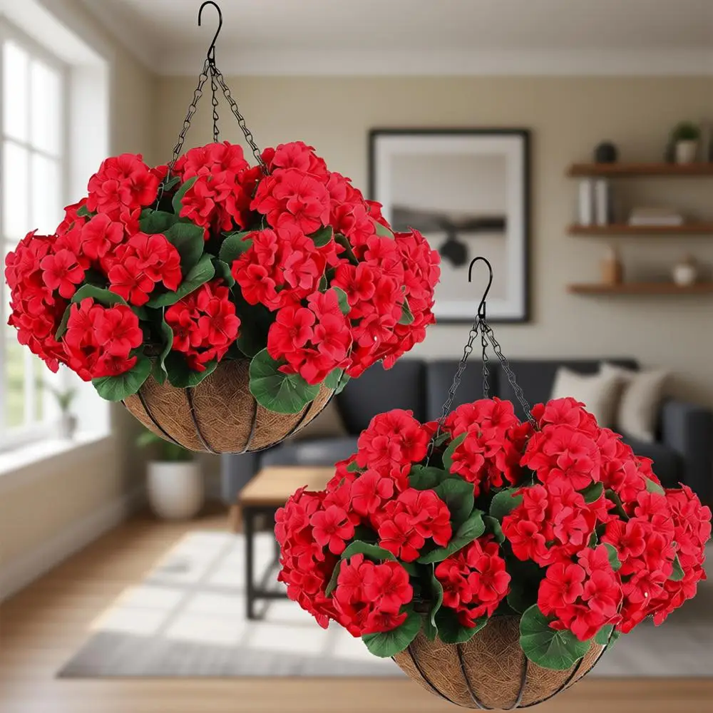 

Набор из 2 искусственных красных гераний или подвесных корзин для улицы с 12 красными цветами для декора крыльца, сада, патио, дома (красный)