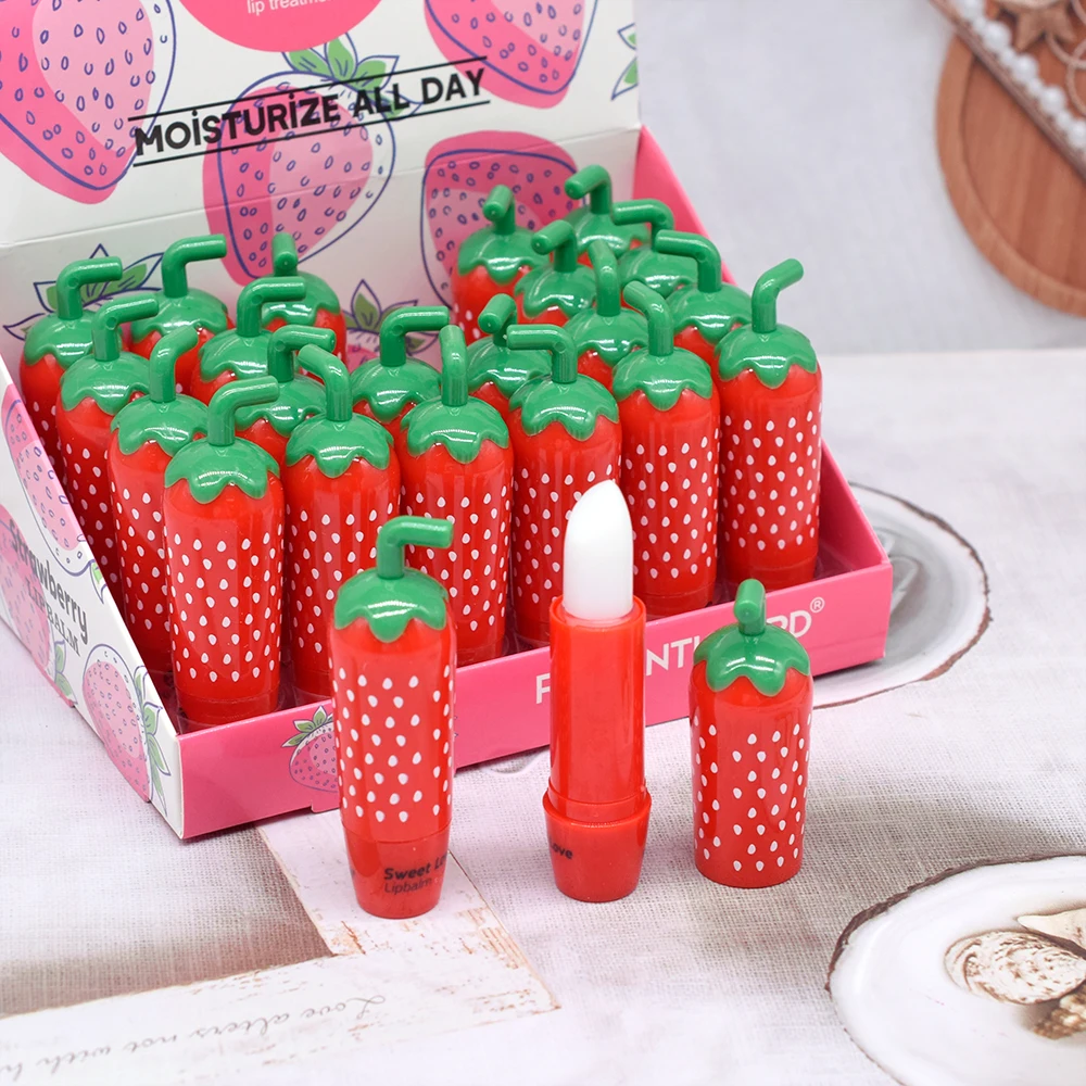 24Pcs Cute Strawberry Design Lip Balm Fruit Flavored Clear Moisturizing Lip Balm Set Kids Girls Lips Care Party Gifts Wholesale