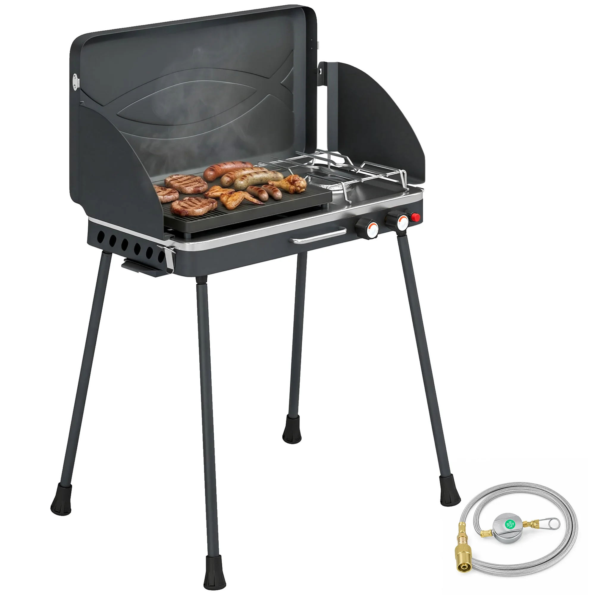 Outsunny 2-in-1 draagbare gasbarbecue, 7 kW propaan gasbarbecue, tafelmodel of staande barbecue met groot bakplaat, afneembare poten, windbeschermers, voor picknicks, kamperen, zwart.