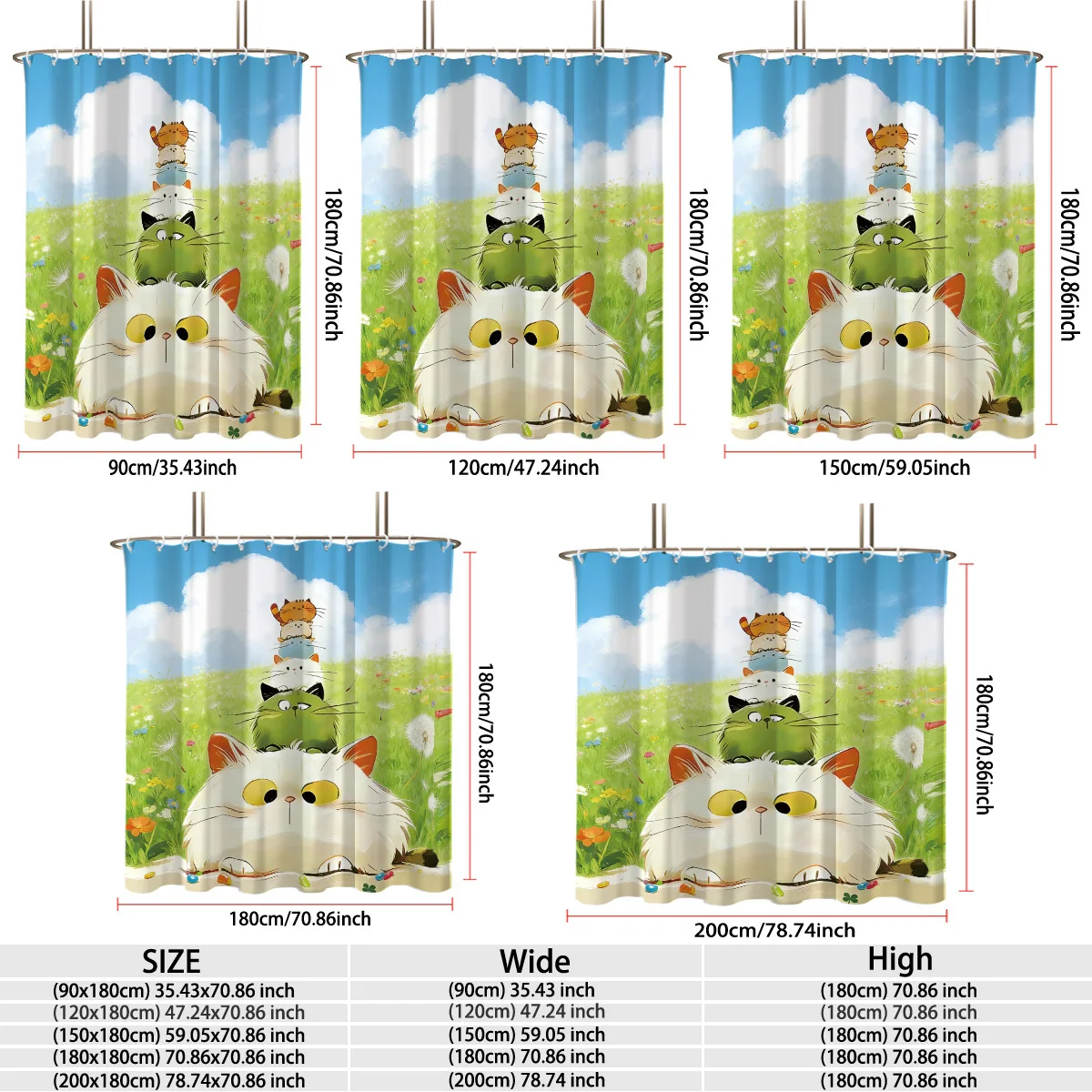 Adorable Multi‑Color Stacking Fluffy Kittens Wild Flower Grassland Blue Sky Background Pattern Bath curtain Cozy Plush