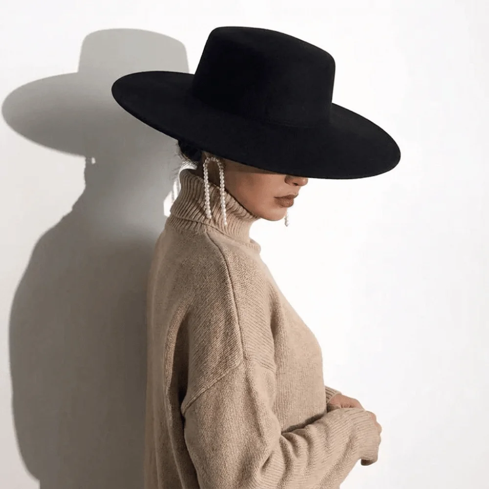 Retro Solid Color Hepburn Style Bucket Hat British Style Flat Top Wide Brim Felt Hat Woolen Fedora Hat Women Jazz Hat Dinner