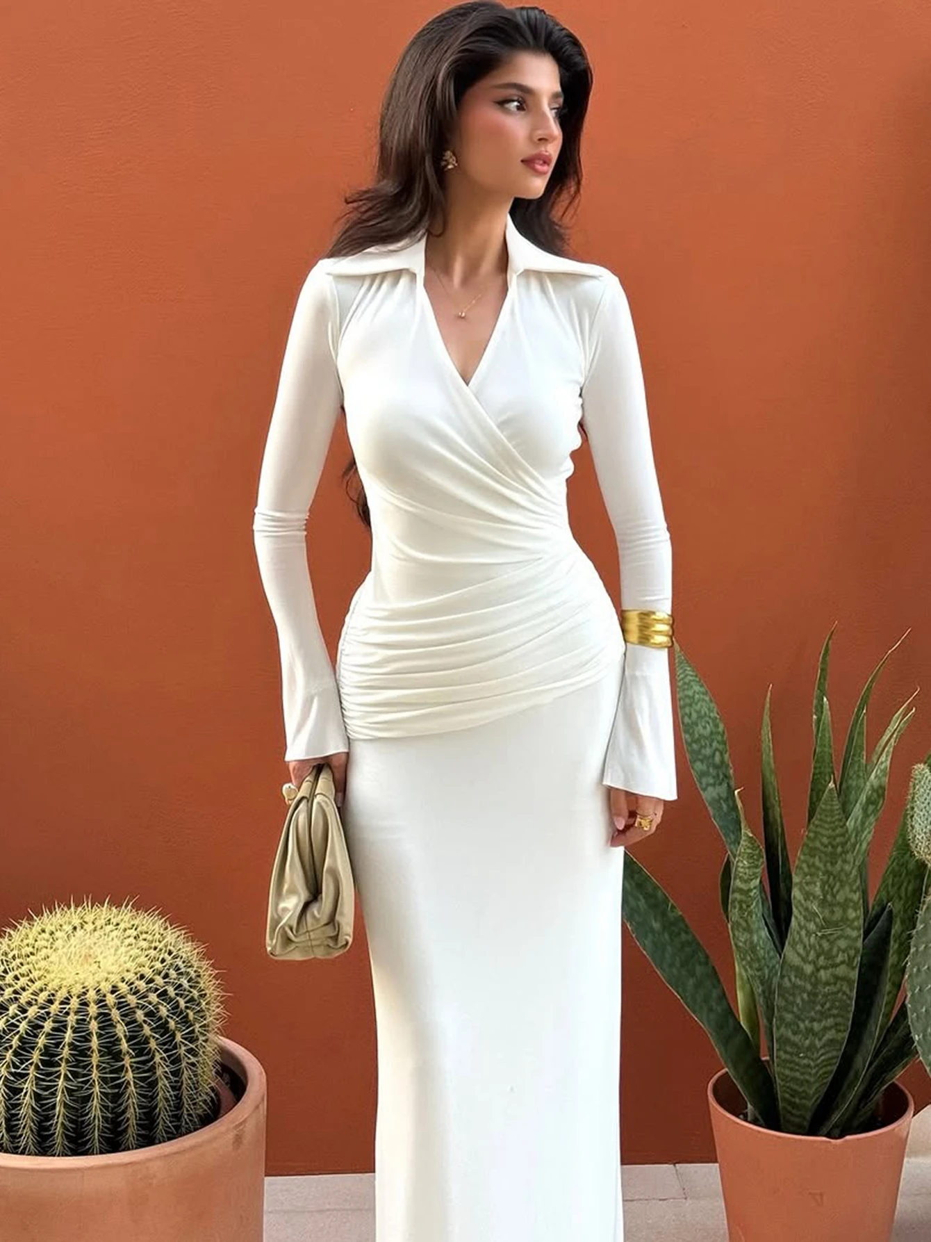 Dulzura outono mais recente moda turn-down colarinho manga longa ruched magro vestido longo feminino sexy roupas elegantes festa clube outfit