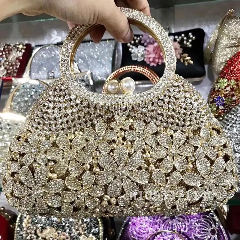 Gold Metal Pearl Top-Handle White Crystal Clutch Bag High Quality Women's Handbags Wedding Bridal Fashion Diamond Flower Bags