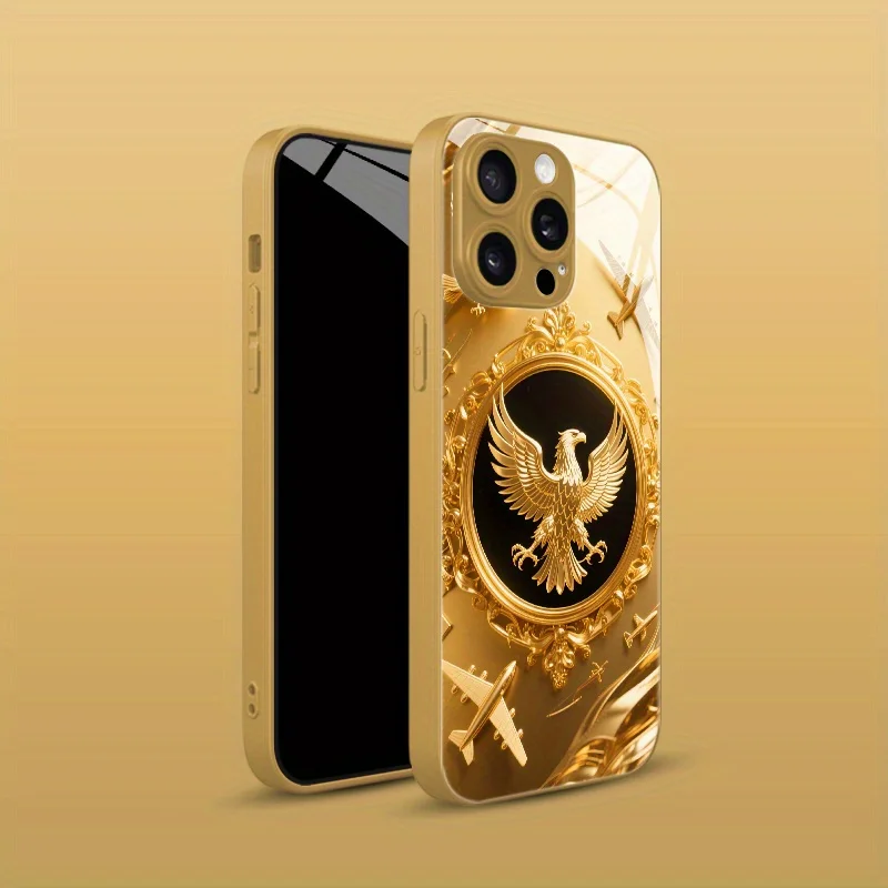 Eagle Gold Airplane Plated Glass Phone Case Suitable for iPhone 17 16 15 14 13 12 11 Pro/Max/Plus Anti Drop and Anti Shock