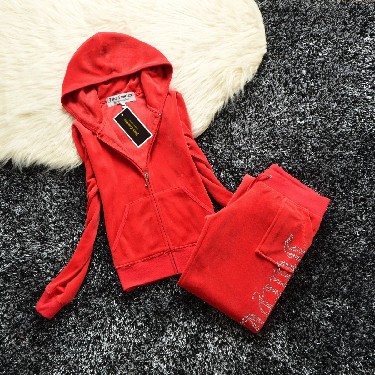 JUICY Cometure Y2K Velvet Tracksuit Women New Sports Suit Winter Casual Warm Hooded Jacket Y2K Women Sports Velvet Pants Suit