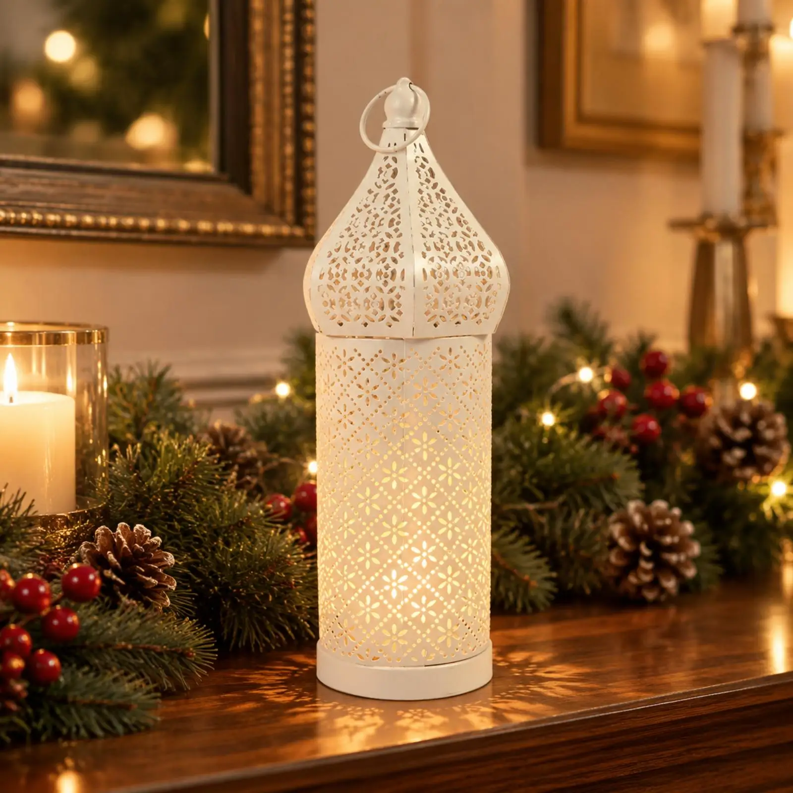 Moroccan-Style Lantern Decorative Moroccan Lantern Perforated Iron Candle Holder Filigree Exotic for Bedroom, Living Room