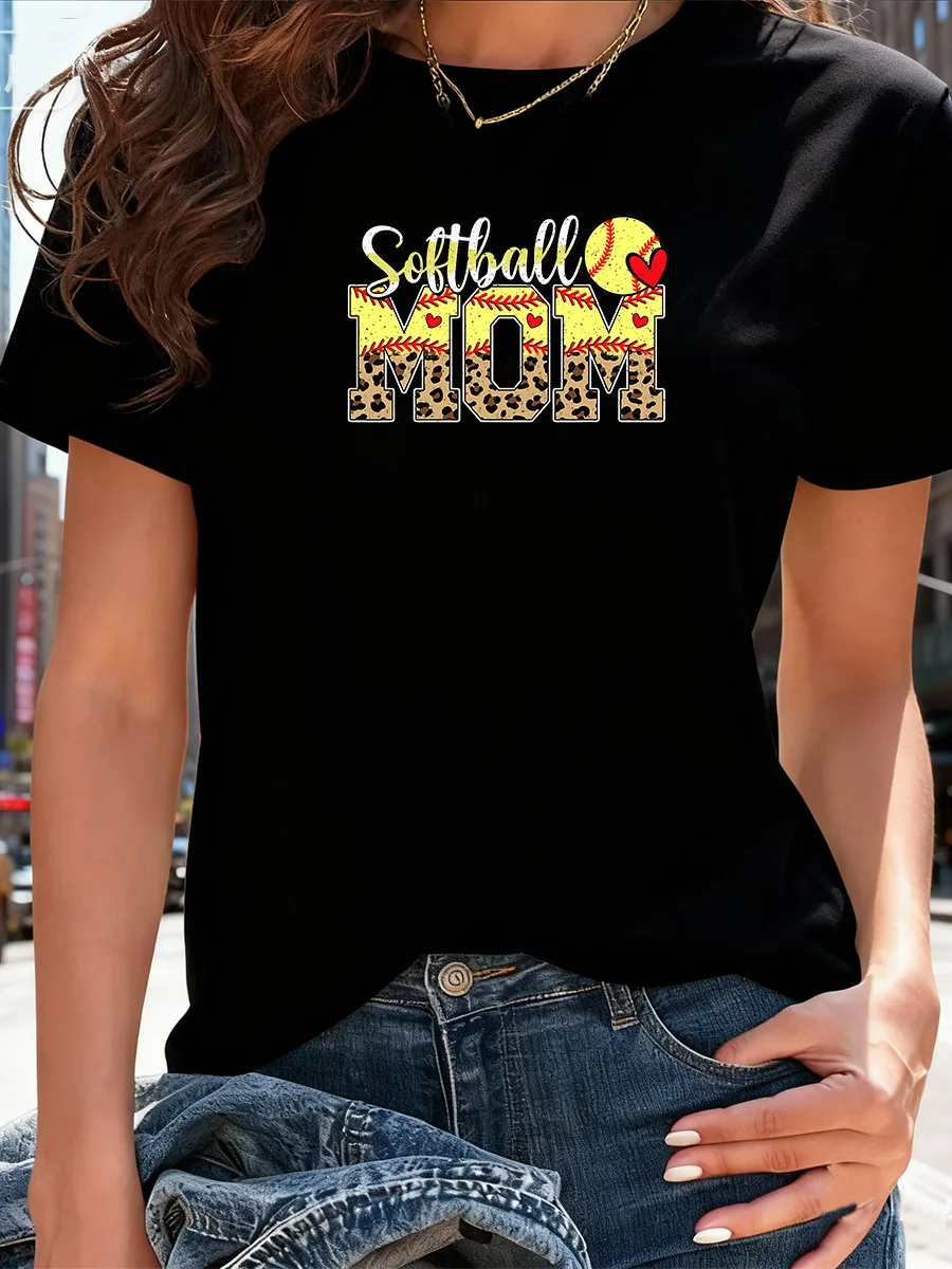 

Black Short Sleeve "Softball Mom" Graphic T-Shirt with Leopard Print Letters and Softball Heart Design
