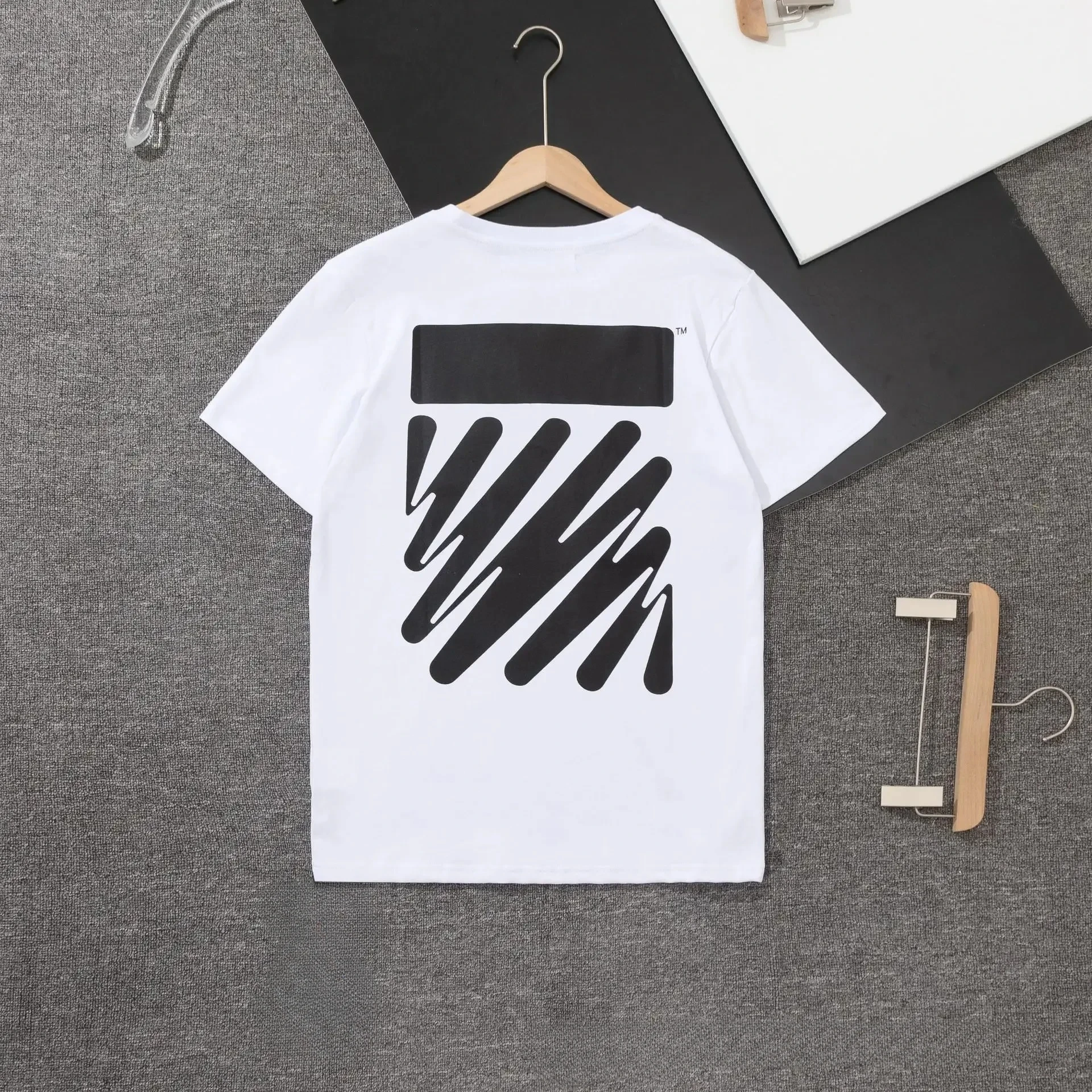 Summer Children's New Ow Off White Round Neck Short-sleeved T-shirt Boys and Girls Fashion Back Wave Striped Printed Top