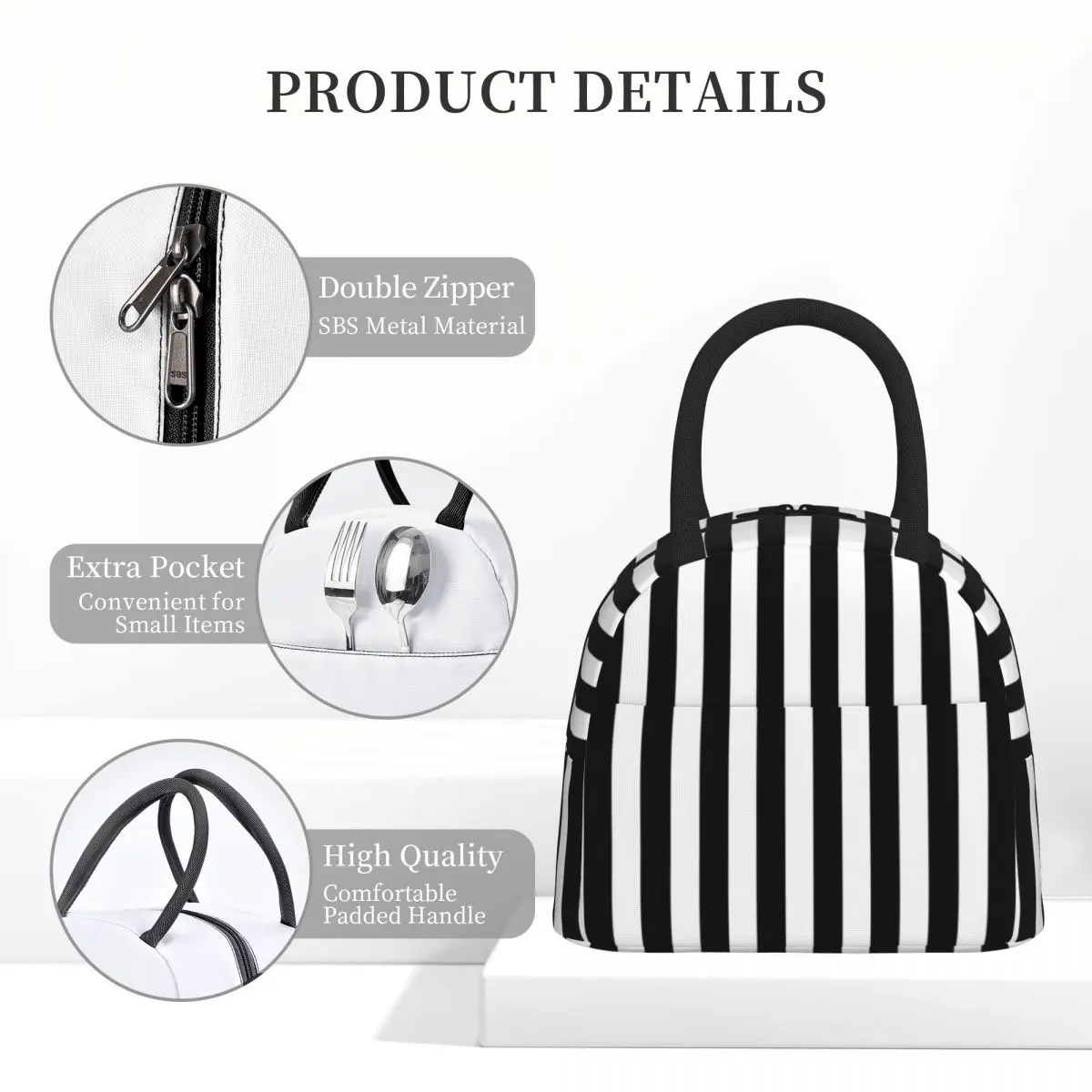 

Black And White Vertical Stripes Insulated Lunch Bag for Kids School Cooler Thermal Food Box Tote Portable Lunch Boxes Container