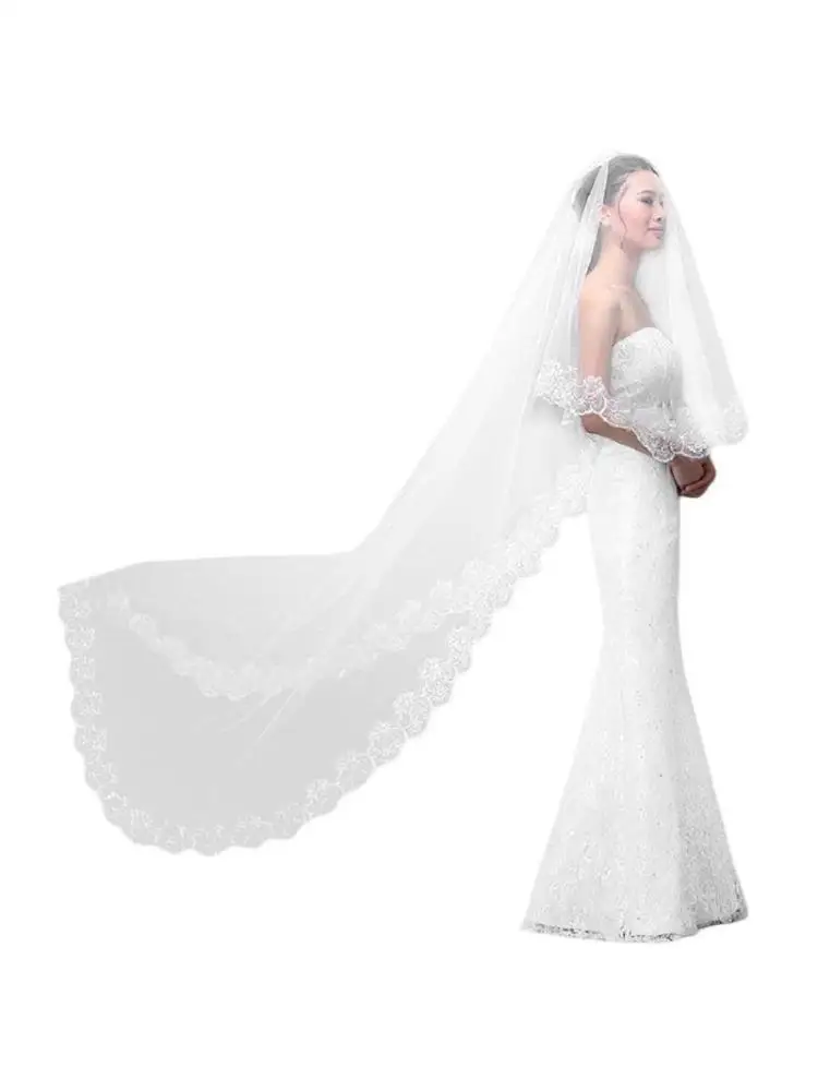 31BB Women Wedding Veil for 3M Long Embroidered Floral Lace Scalloped