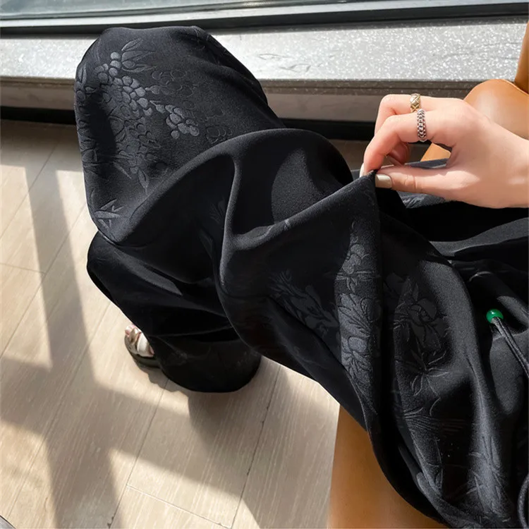 الصيف الساتان الجاكار الملابس الصينية بنطال ذو قصة أرجل واسعة النساء فضفاضة عالية الخصر السراويل امرأة قيعان موضة بناطيل سيدات غير رسمية