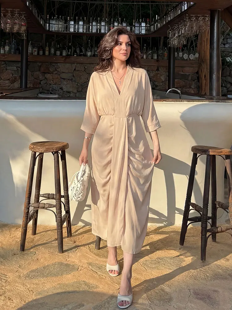 

Элегантное женское атласное платье миди с драпировкой, V-образным вырезом и рукавом 3/4, с завязками на талии, для свиданий, вечеринок и свадебных торжеств