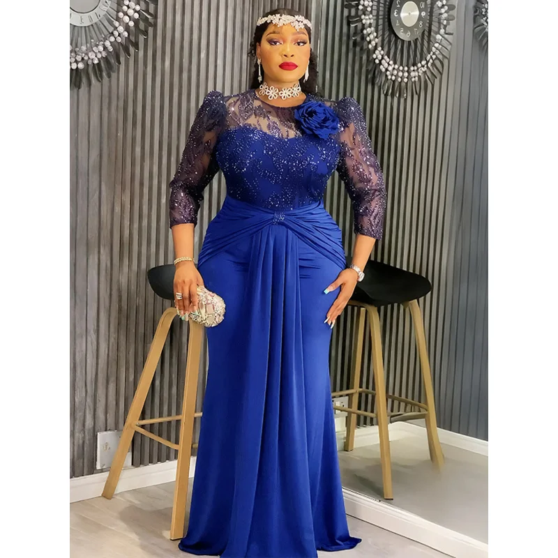 African Women's Plus Size Patchwork Lace Dress Sequin Evening Gown For Parties 2026 New Fashion Half Sleeve Wedding Evening Gown