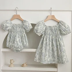 2024 New Summer Baby Girl Party Dress Short Sleeved Cotton Print Kids Princess Dresses Infant Baby Jumpsuit Sister Clothing