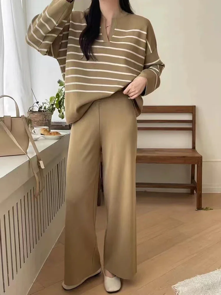 EVNISI Women Casual Knit Two Piece Set Striped Long Sleeve Loose Pullover Sweater and Pants Fall Sets Office Winter Women Outfit