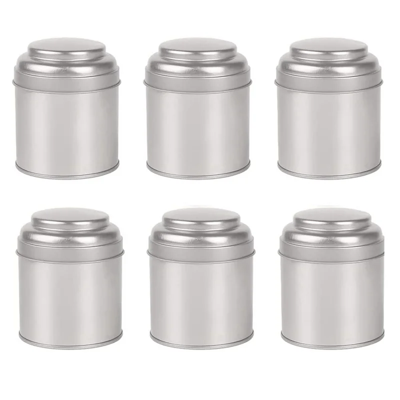 6Pcs Tea Tins Canister with Airtight Double Lids,Mini Tin Can Box and Small Round Kitchen Canisters for Tea (Silver)