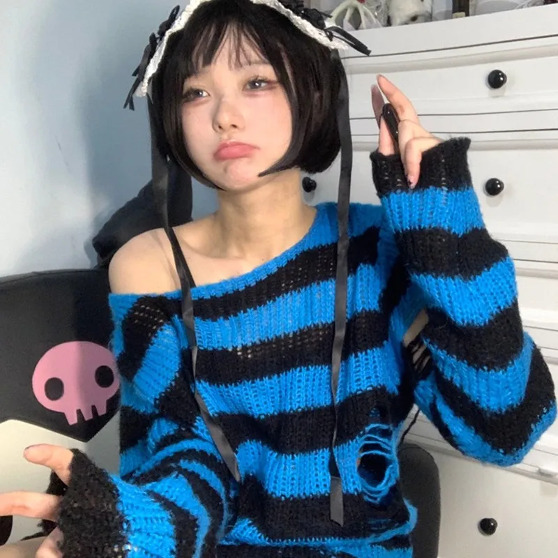 Karrram Japanese Harajuku Kawaii Pullover Y2k Aesthetics Hollow Out Striped Sweater 2000s E-girl Cute Knit Jumpers Fairy Grunge