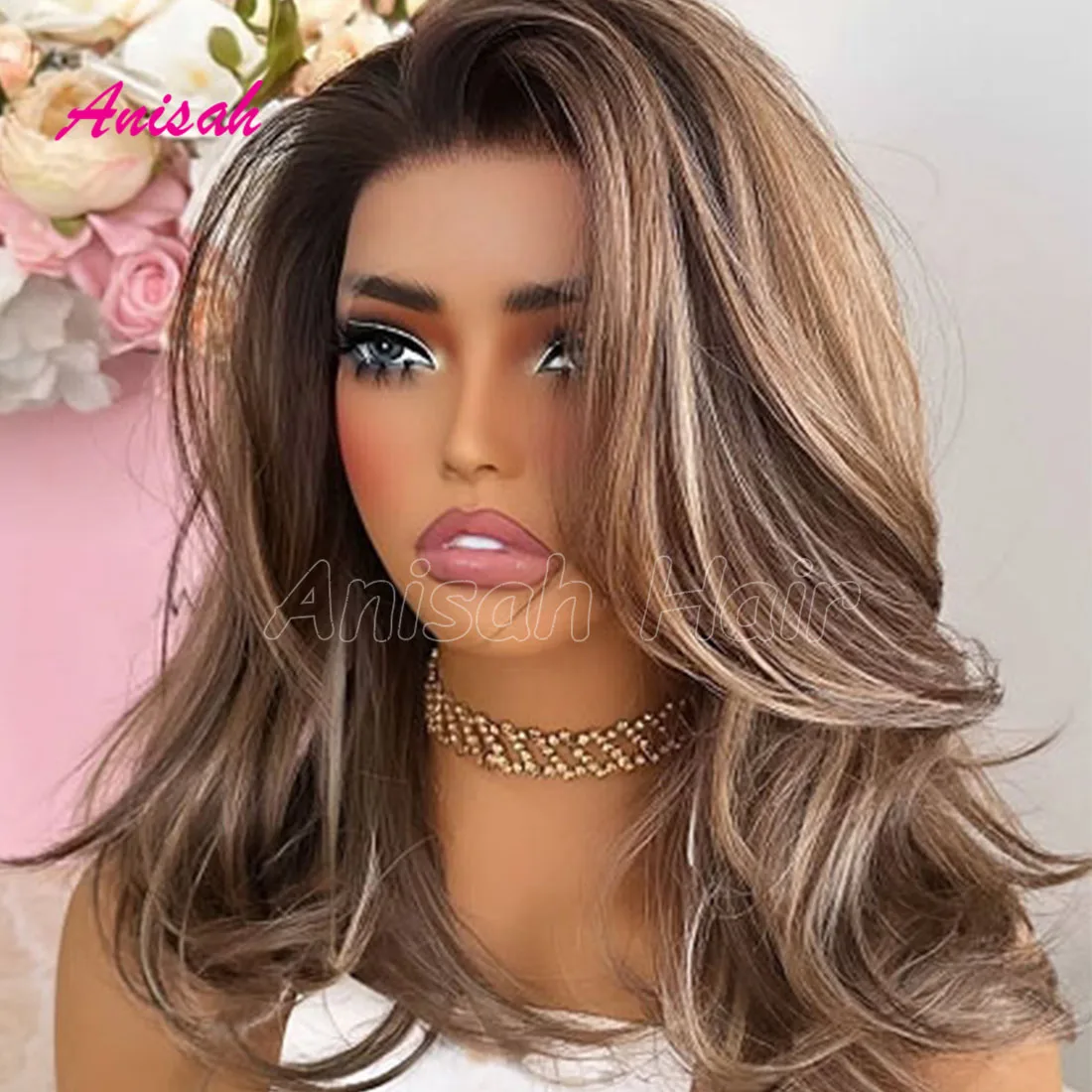 Ash Brown Blonde Highlight Layered Human Hair Lace Front Wig Wavy Natural Real Glueless Closure Human Hair Wigs