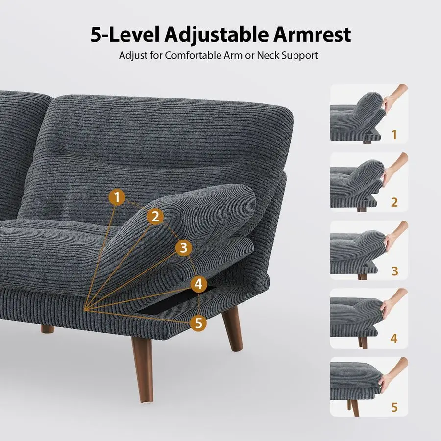 Futon Sofa Bed, 66 Corduroy Futon Couch Convertible with Adjustable Backrest and Armrests, Recliner Sleeper Sofa, for Small Spac