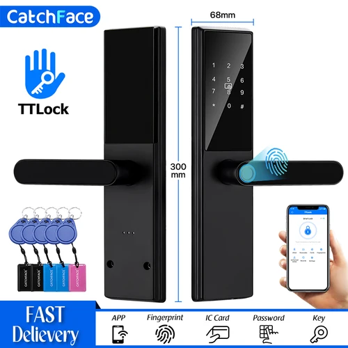 Cerradura de puerta con huella dactilar Bluetooth, cerradura electrónica Digital de seguridad con código de aplicación TTLock, llave de tarjeta, pantalla táctil
