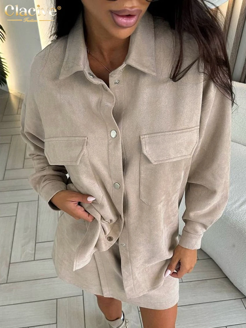 Clacive Fashion Loose Khaki Skirts Sets For Women 2 Pieces 2025 Elegant Long Sleeve Shirt With High Waist Mini Skirt Set Female