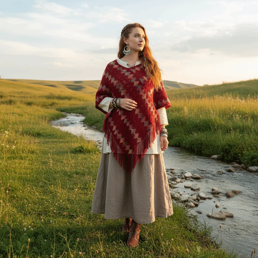 Trendy Ethnic Style Knitted Pullover Shawl Winter Warm Elegant Stripe Tassel Shawl Coat Overlays Women Fashion