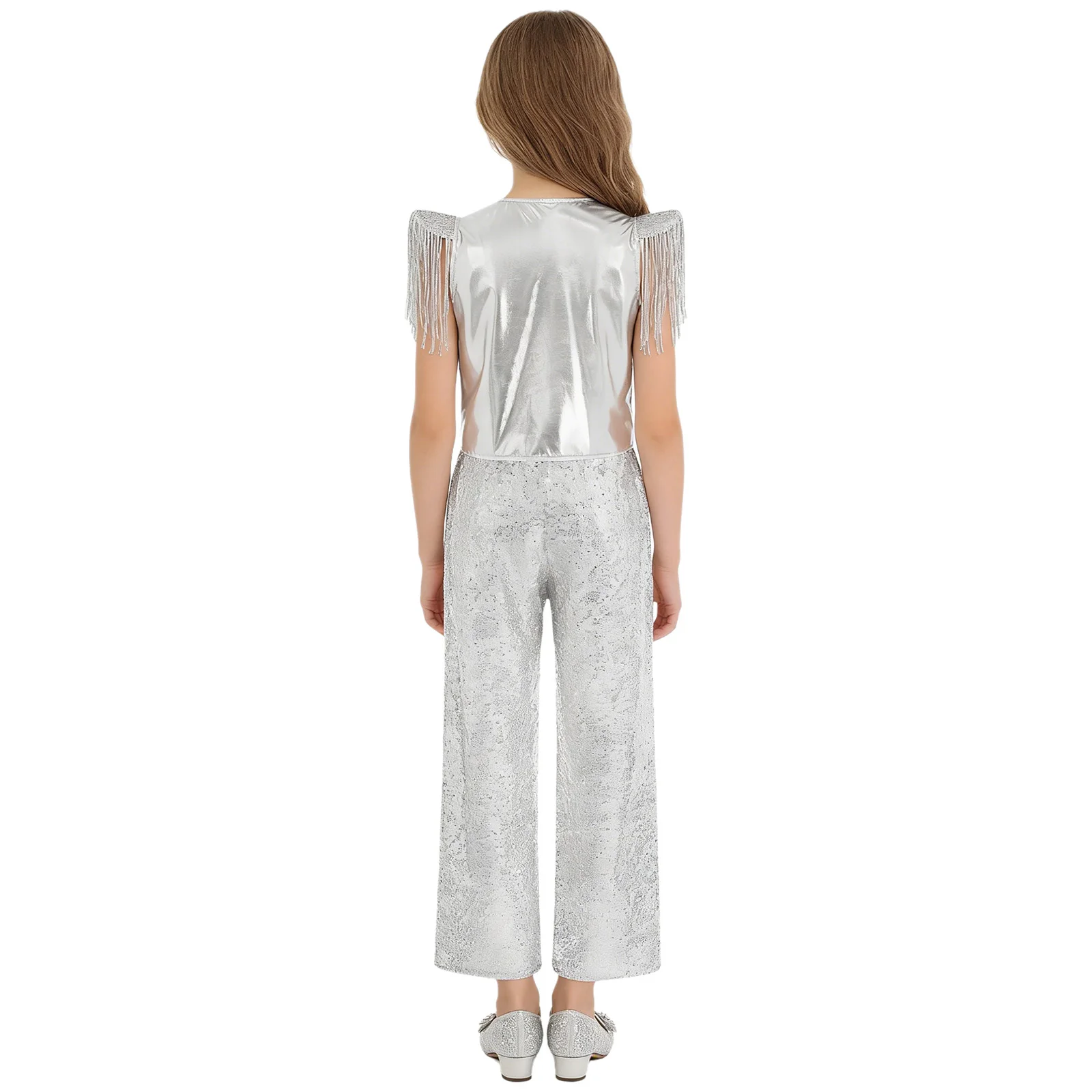 Kids Girls Metallic Disco Jazz Dance Outfit Tassels Cap Sleeves Sparkly Sequin Vest with Pants for Hippie Hip Hop Street Dancing