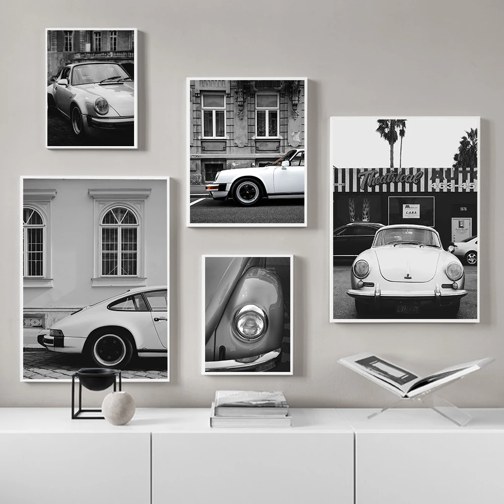 

Vintage Car Rear View Poster Vehicle On The Street Prints Black and White Vehicle Photography Wall Art Pictures Canvas Painting