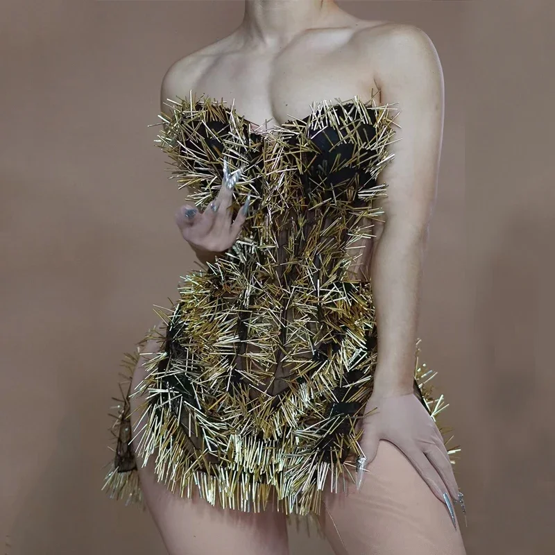 Drag Queen Costumes Gold Birthday Dress Women Party Evening Dresses Rave Outfit Nightclub Dj Ds Pole Dance outfit