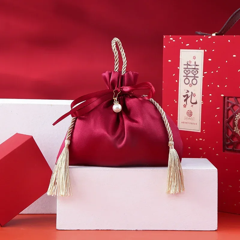 10PCS Luxury Drawstring Silk Gift Bag with Decorative String Wedding Favor Pouch for Jewelry Candy Storage Organizer