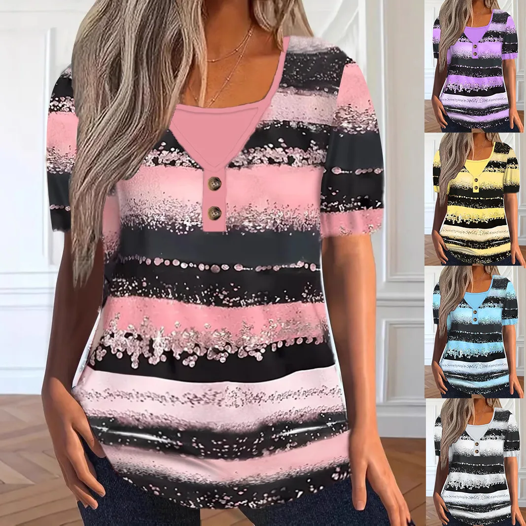 

2025 Summer Women's T Shirt Fashion Plus Size Casual Short Sleeve Tee Retro Stripes Tie Dye Print T-Shirts Female Loose Clothing