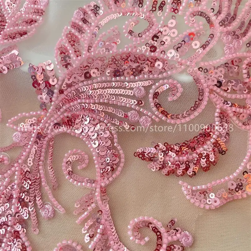 Large Front and Back Beaded Lace Applique, Pink, Shiny Opening, Tull Embroidery, DIY Wedding Dress, Children\'s Clothing, Sewing