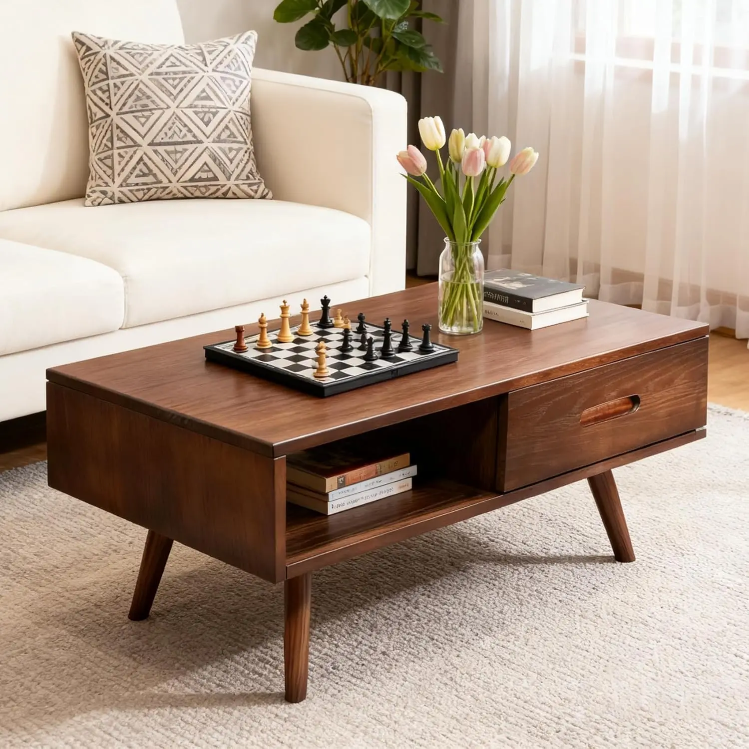 

Solid Wood Coffee Table Mid-Century Modern 2 Drawers & Open Shelf Living Room Office 39.37in Fully Assembled Customized