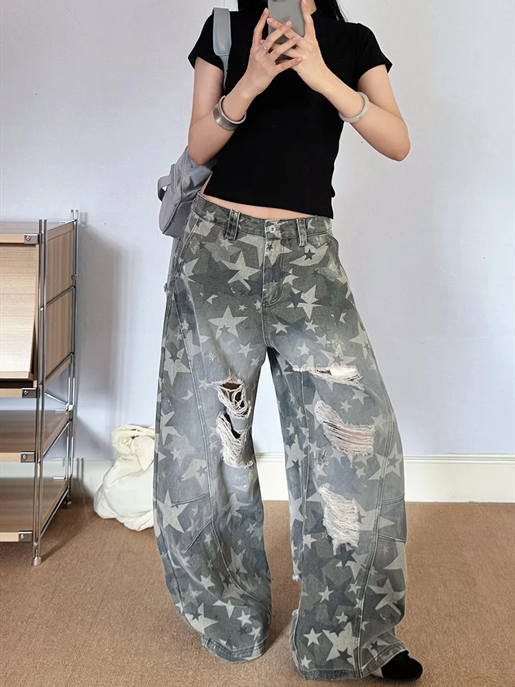 

High Street Washed Five-pointed Star Print Design Extra Large Ripped Jeans Women Y2K Fashion Aesthetic Harajuku All-match Pants