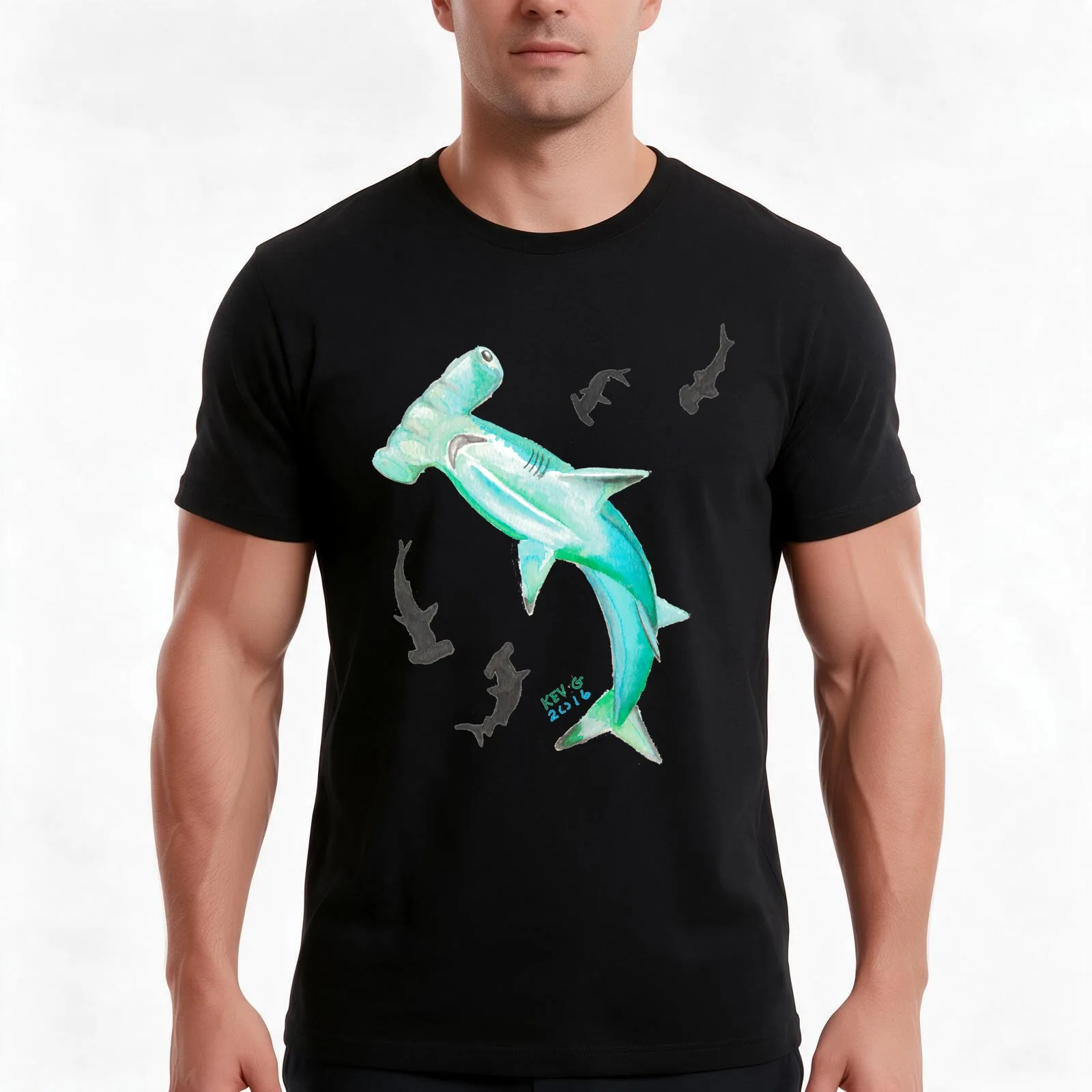 Hammerhead Shark - Art By Kev G T-Shirt, Summer Casual Cotton Tee, Oversized Streetwear Tops, Vintage Graphic Print, 100% Cotton