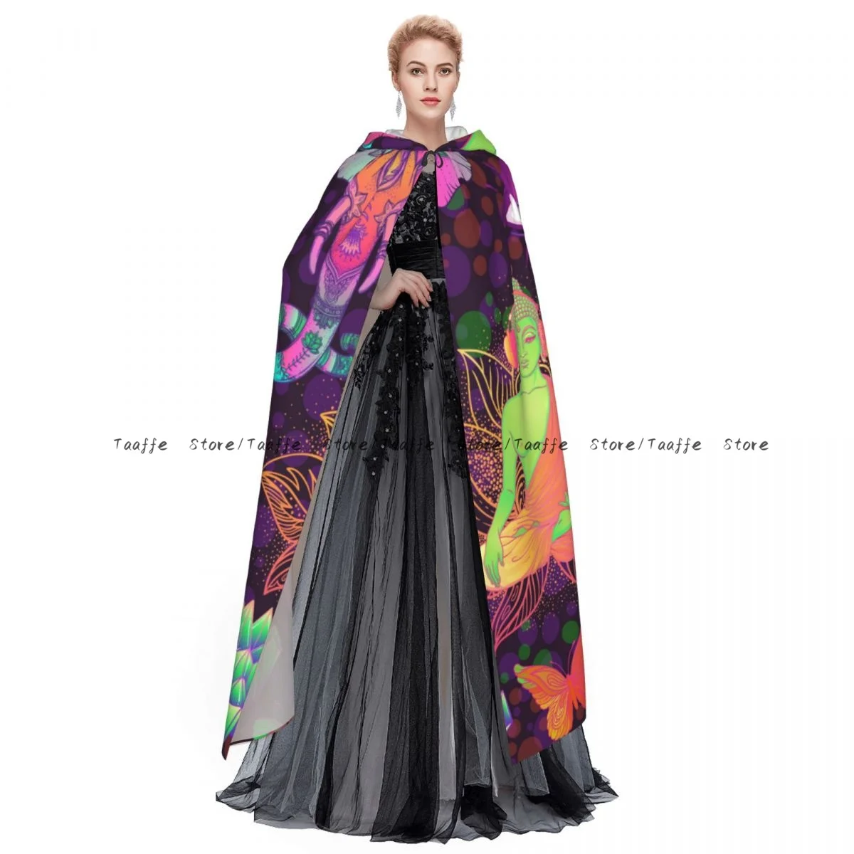 Medieval Halloween Cosplay Cloak Hooded Coat Trippy Mushrooms Peace Sign Butterflies Cape Coat Long Trench Costume Wizard Cloak