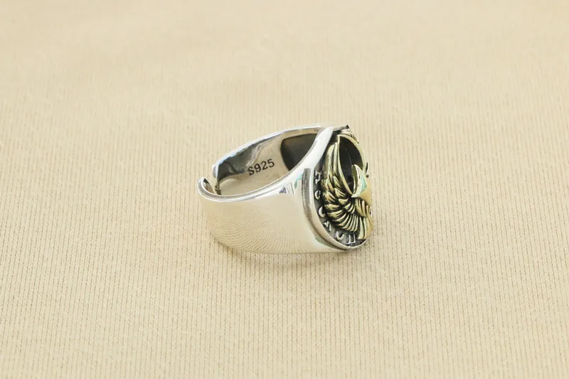 S925 sterling silver gold head eagle ring hip hop punk style men's single ring domineering flying eagle spread wings open ring