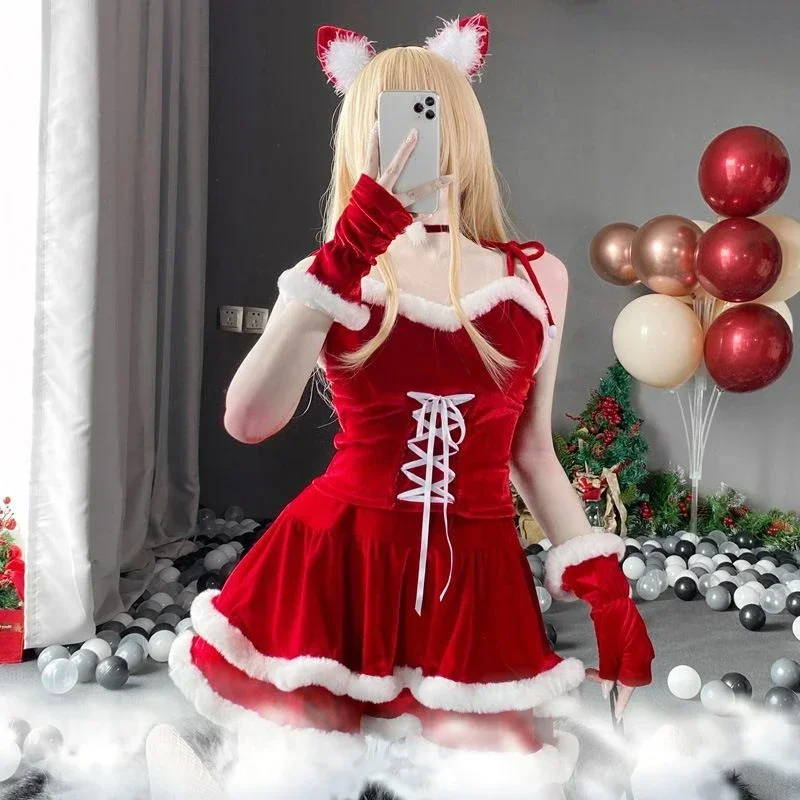 Bunny Santa Claus Uniform Holiday Women Sexy Party Mini Dresses Winter Cosplay Christmas Velvet Dress Tops Skirt Gloves Suits