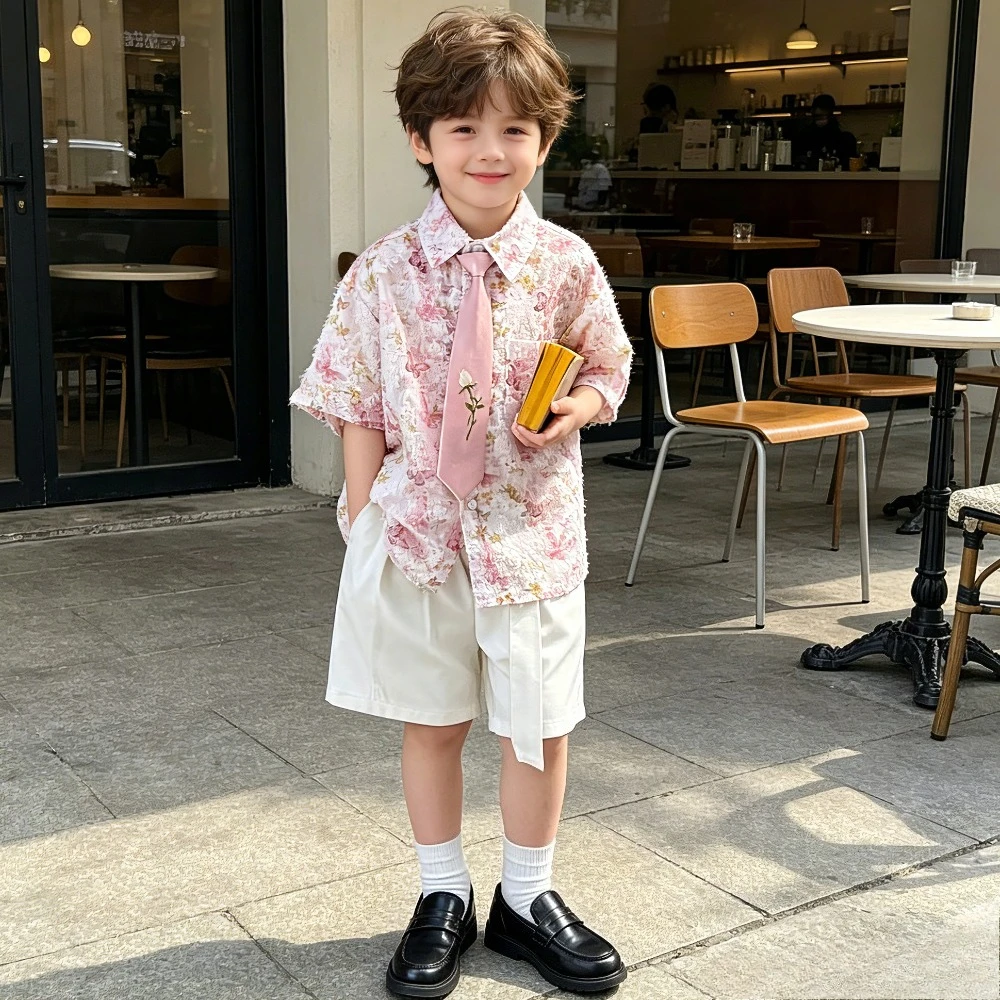 Boys 3Pcs Floral Outfit Set Pink Butterfly Print Shirt + Beige Shorts with Tie Summer Kids Vacation Wedding Birthday Party Wear