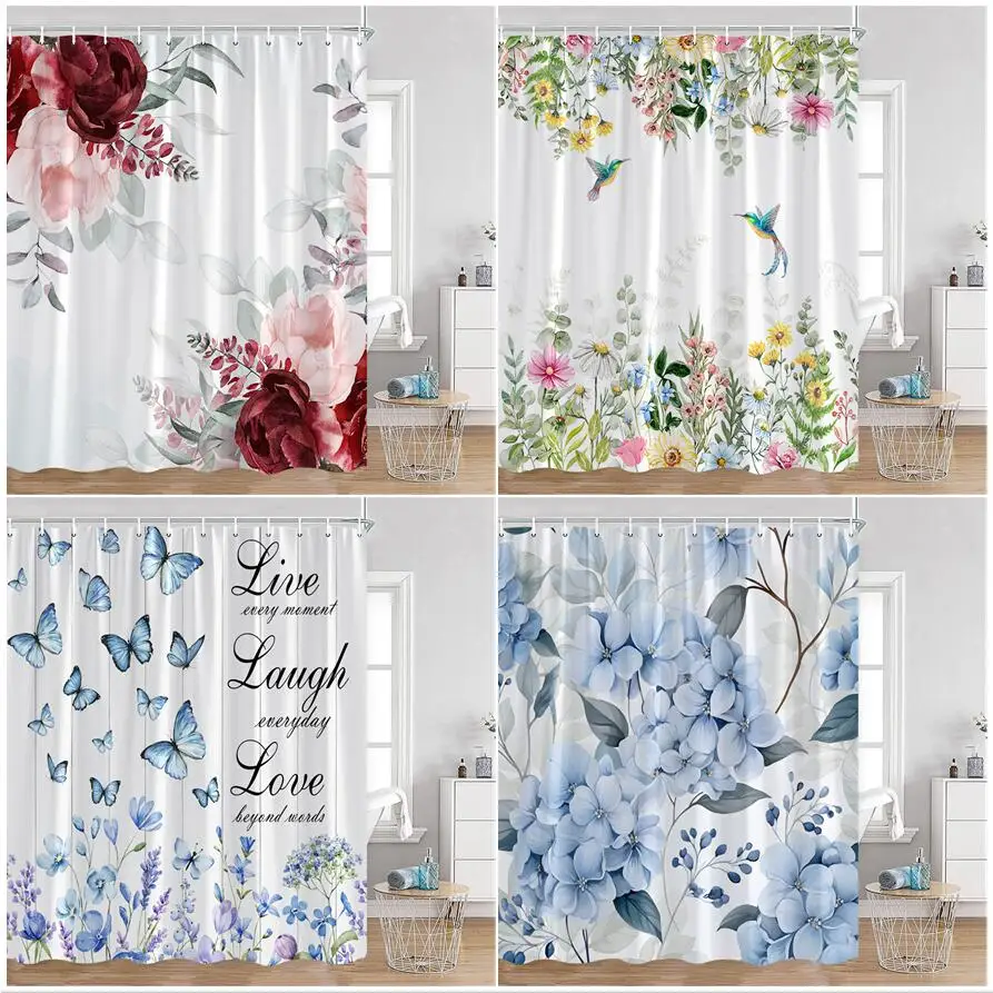 Floral Shower Curtain Watercolour Flowers Plant Hydrangea Lavender Butterfly Bath Curtains Set Fabric Bathroom Decor With Hooks