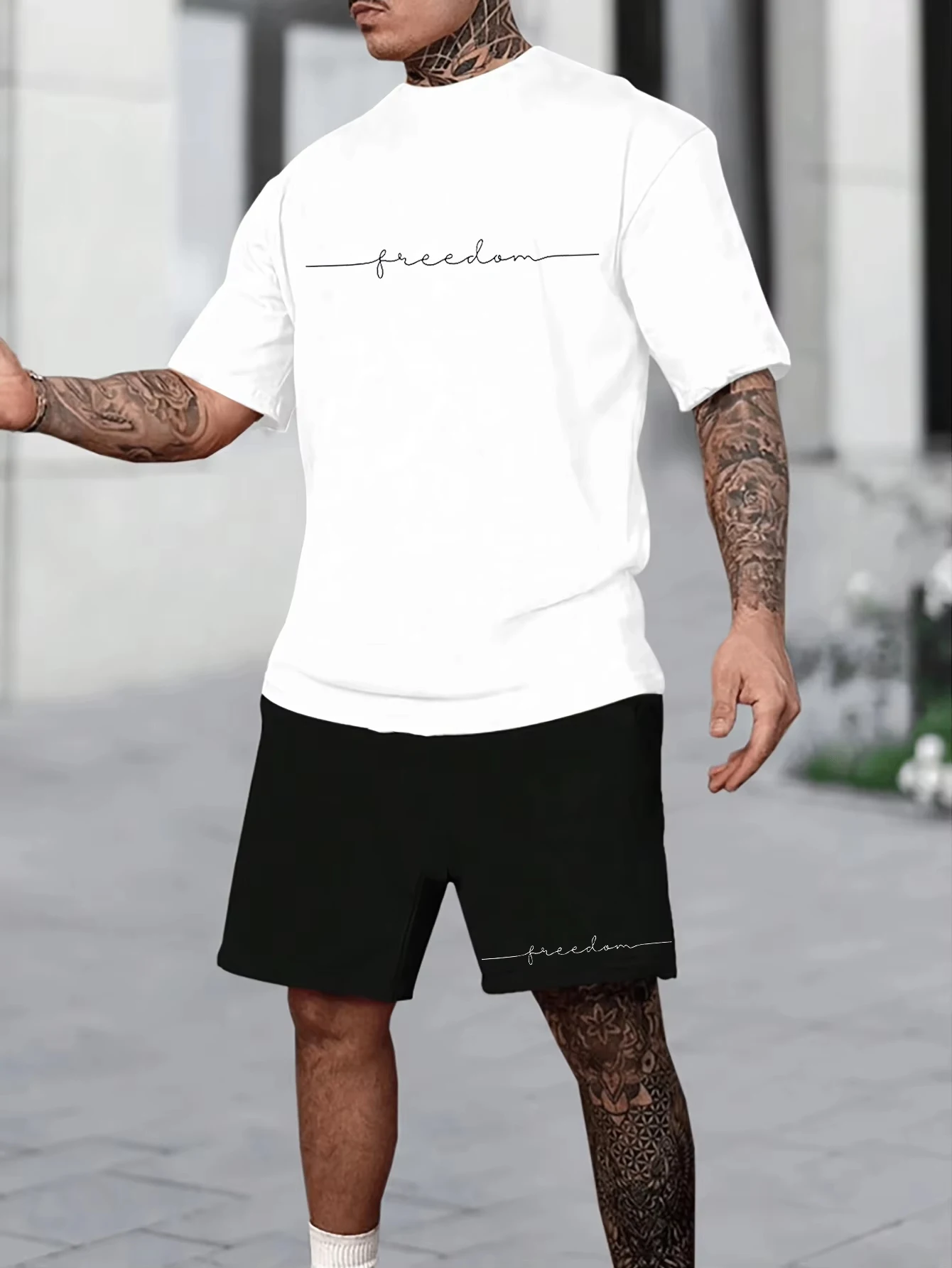 

Мужская летняя свободная футболка размера 100, без хлопка с графитовым принтом, повседневная спортивная футболка с круглым вырезом, шорты, комплект из двух предметов