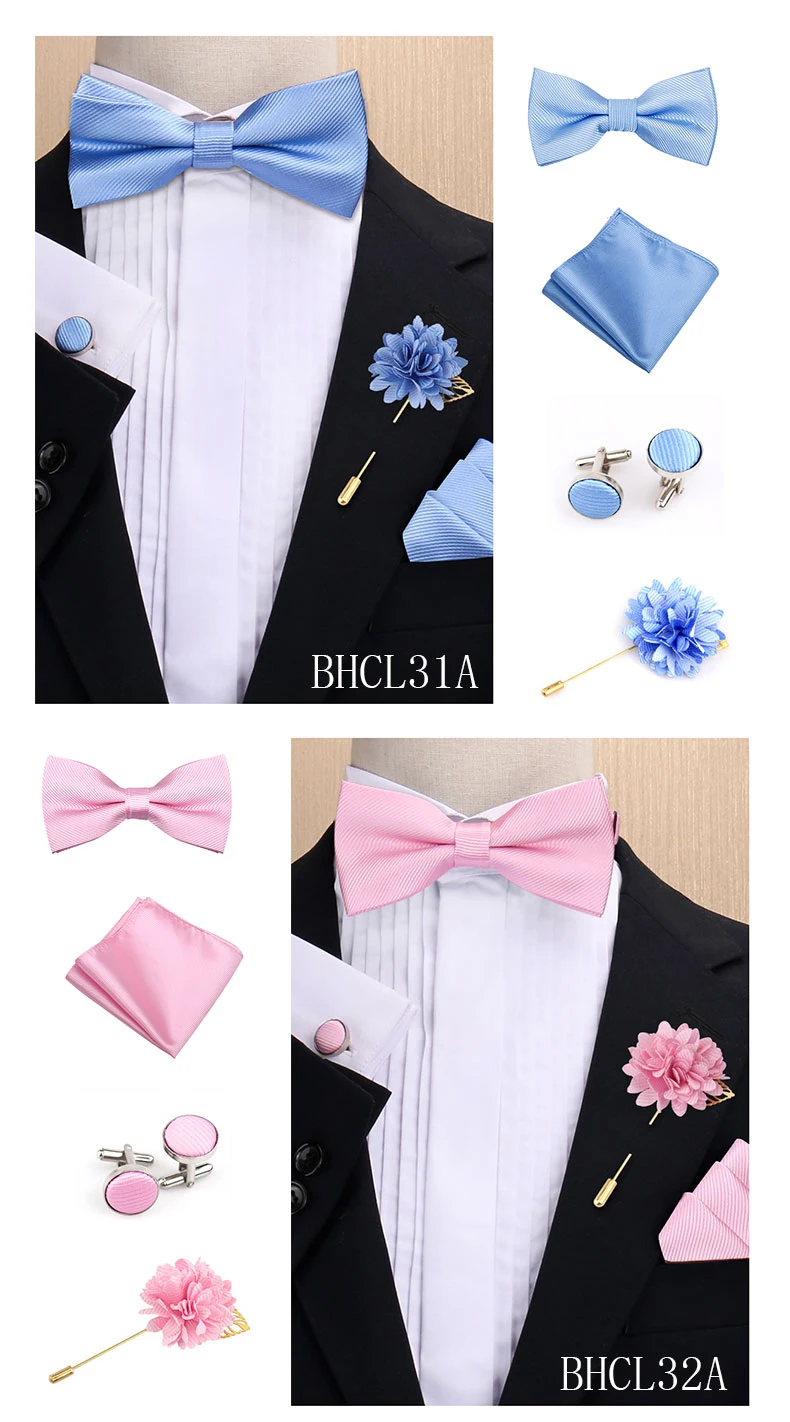 Modisches einfarbiges Fliege-Set für Herren, Fliege, Taschentuch, Manschettenknöpfe mit floraler Brosche, Anzug, Hochzeit, Business, Herren-Accessoires – Detail 4