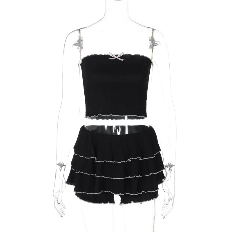 BKLD Women Clothing 2024 Summer New Fashion Sexy Off The Shoulder Strapless Crop Tops Pleated Cake Mini Skirt Two Piece Sets